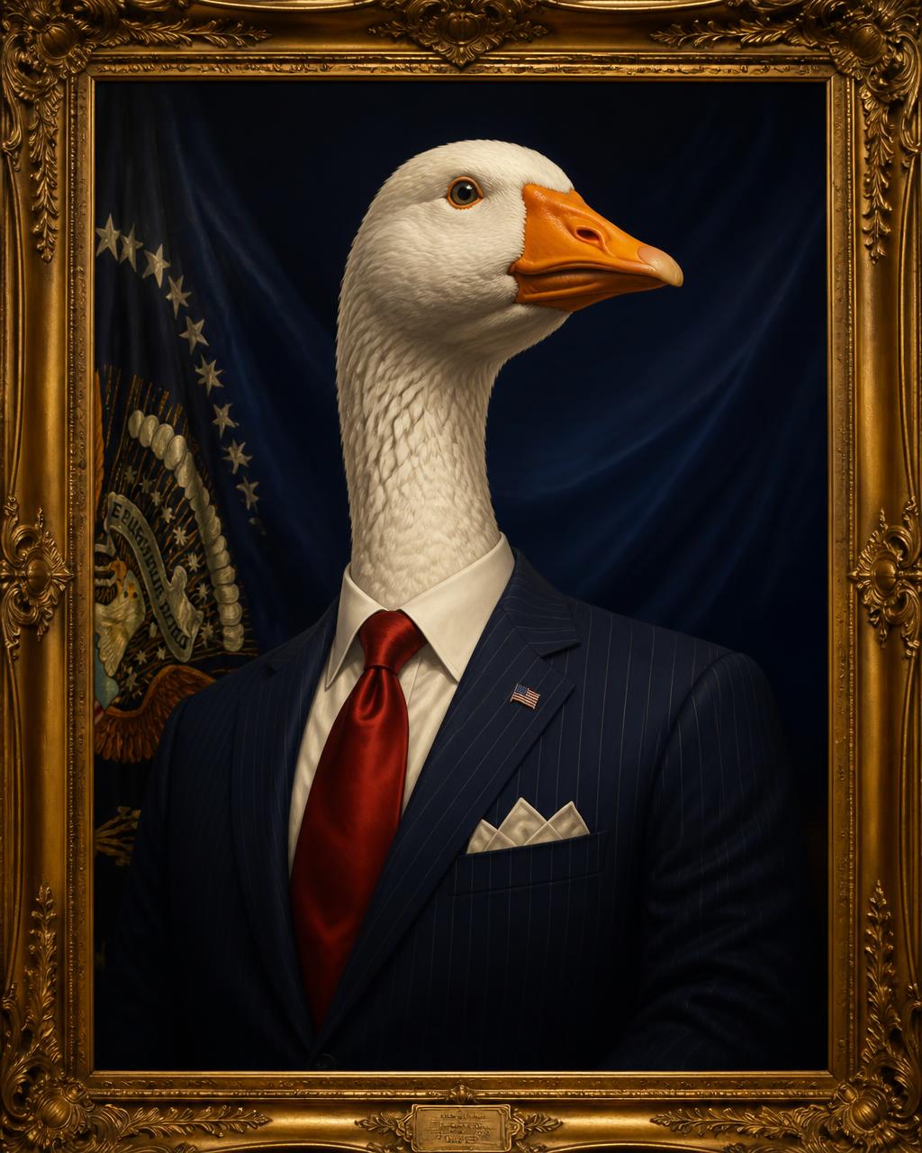 Official portrait of the Goose in a navy pinstripe suit